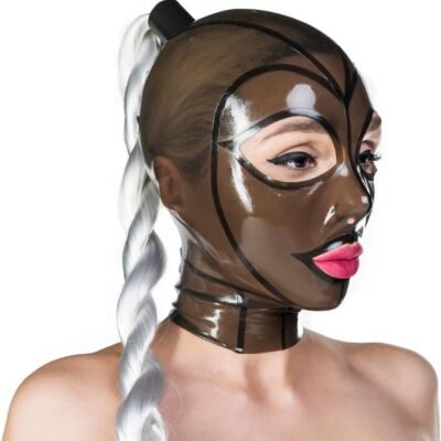 Máscara BDSM de látex Marrón Translúcida con Cola de Caballo para Catsuit Party Clubwear