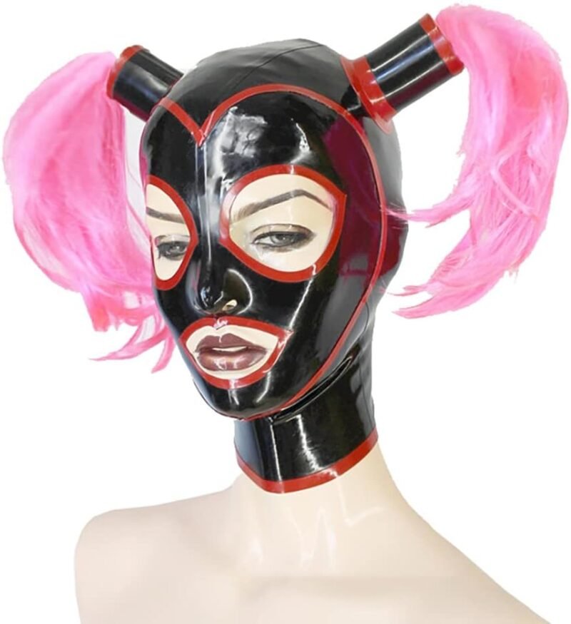 Máscara BDSM de látex Roja y Negra con Colas de Caballo y Ribete de Contraste para Catsuit Party Clubwear