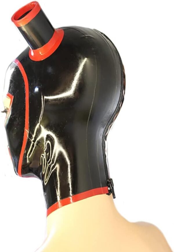 Máscara BDSM de látex Roja y Negra con Colas de Caballo y Ribete de Contraste para Catsuit Party Clubwear