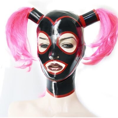 Máscara BDSM de látex Roja y Negra con Colas de Caballo y Ribete de Contraste para Catsuit Party Clubwear
