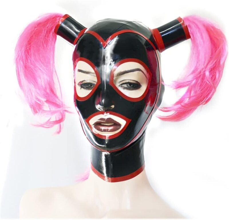 Máscara BDSM de látex Roja y Negra con Colas de Caballo y Ribete de Contraste para Catsuit Party Clubwear