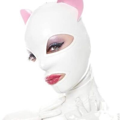 Máscara BDSM de látex de Gato White and Pink para Catsuit Party Clubwear