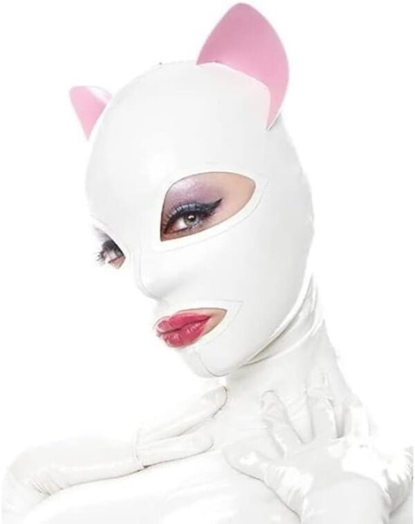 Máscara BDSM de látex de Gato White and Pink para Catsuit Party Clubwear