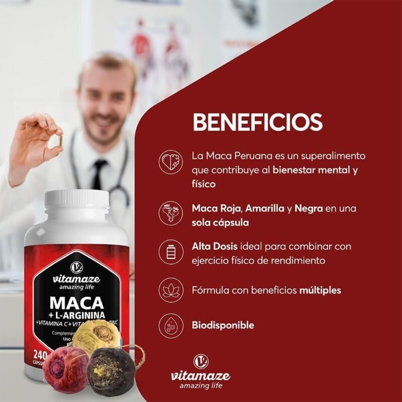 Maca de Alta Concentración 4000 mg en Polvo + L-Arginina + Vitaminas + Zinc, 240 Cápsulas