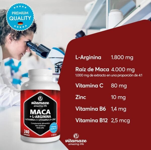 Maca de Alta Concentración 4000 mg en Polvo + L-Arginina + Vitaminas + Zinc, 240 Cápsulas