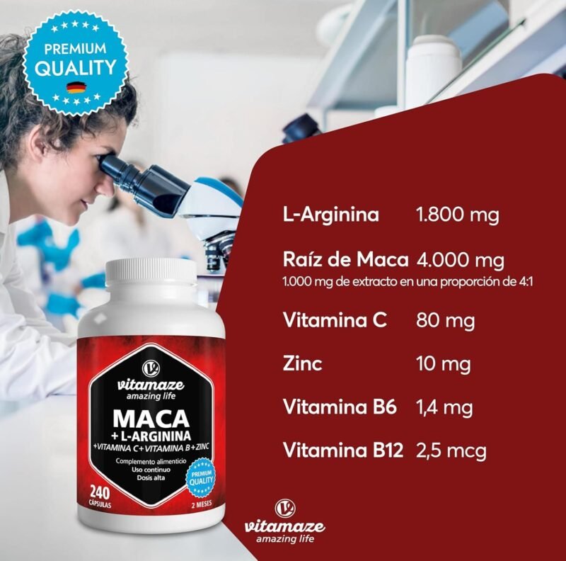 Maca de Alta Concentración 4000 mg en Polvo + L-Arginina + Vitaminas + Zinc, 240 Cápsulas
