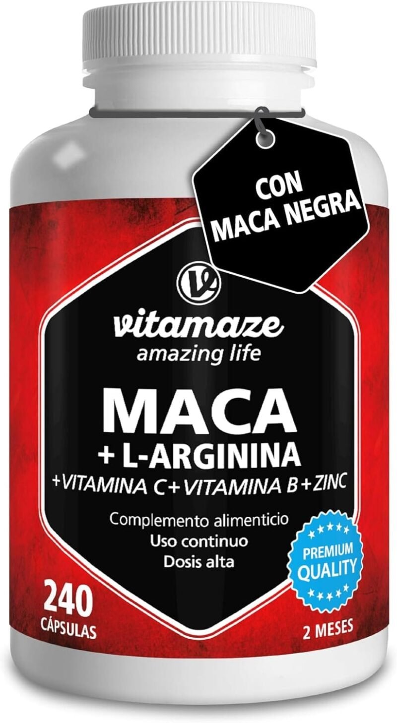 Maca de Alta Concentración 4000 mg en Polvo + L-Arginina + Vitaminas + Zinc, 240 Cápsulas