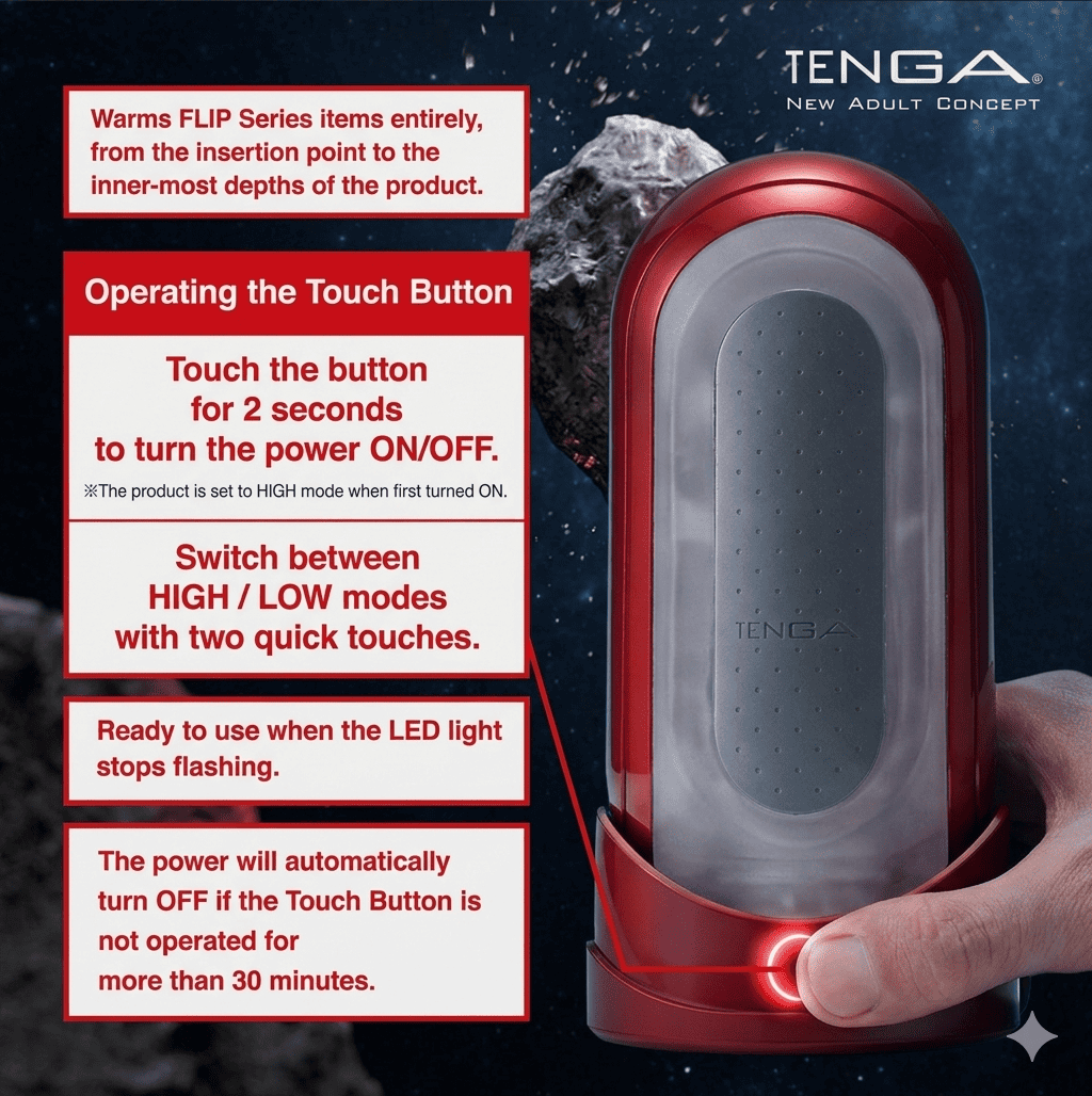 Infografía de funciones del Tenga Flip Zero Red: guía del botón táctil, modos de intensidad y calentamiento.