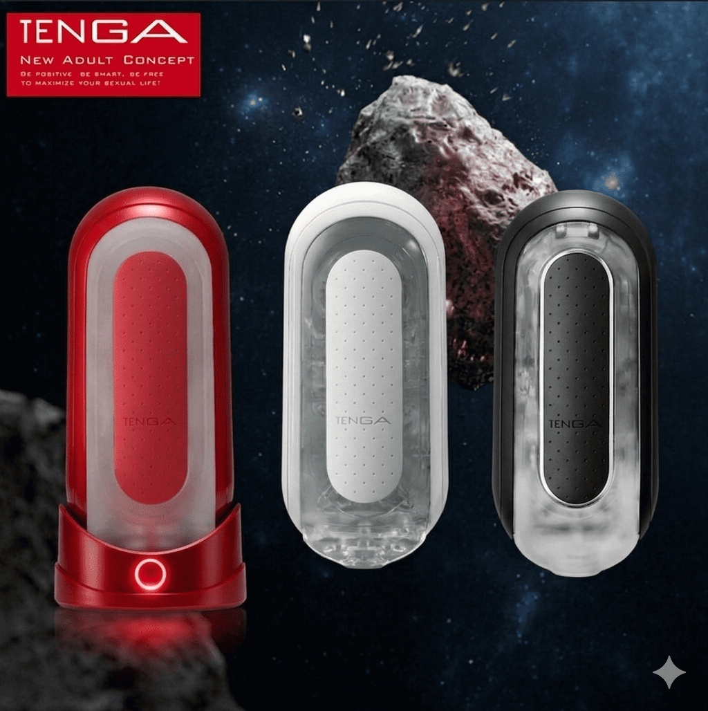 Comparativa de la serie Tenga Flip Zero: versiones Red (rojo), White (blanco) y Black (negro) sobre fondo espacial.